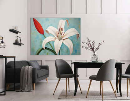 White Lily with Red Bud on Blue - Canvas Print - Artoholica Ready to Hang Canvas Print