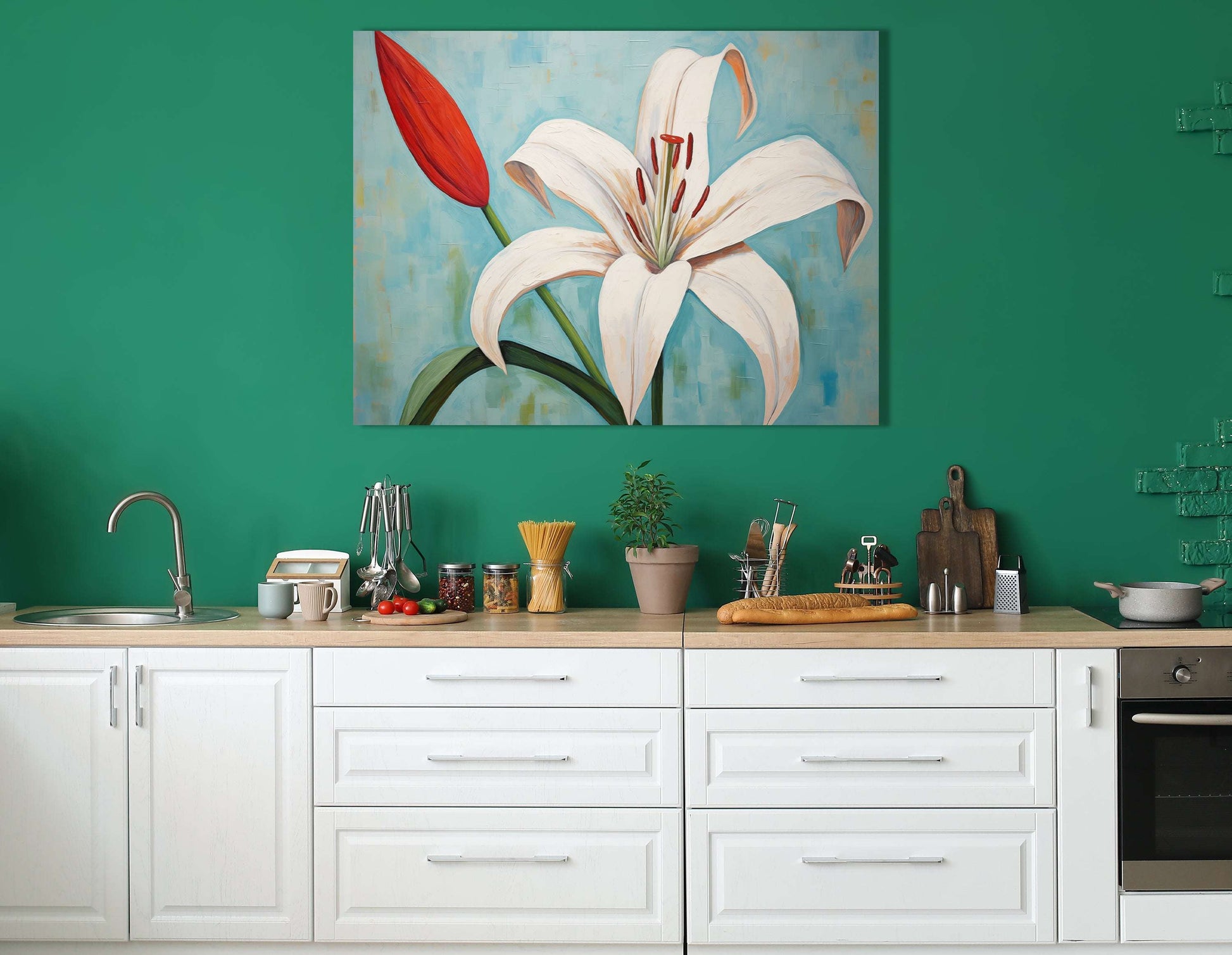 White Lily with Red Bud on Blue - Canvas Print - Artoholica Ready to Hang Canvas Print