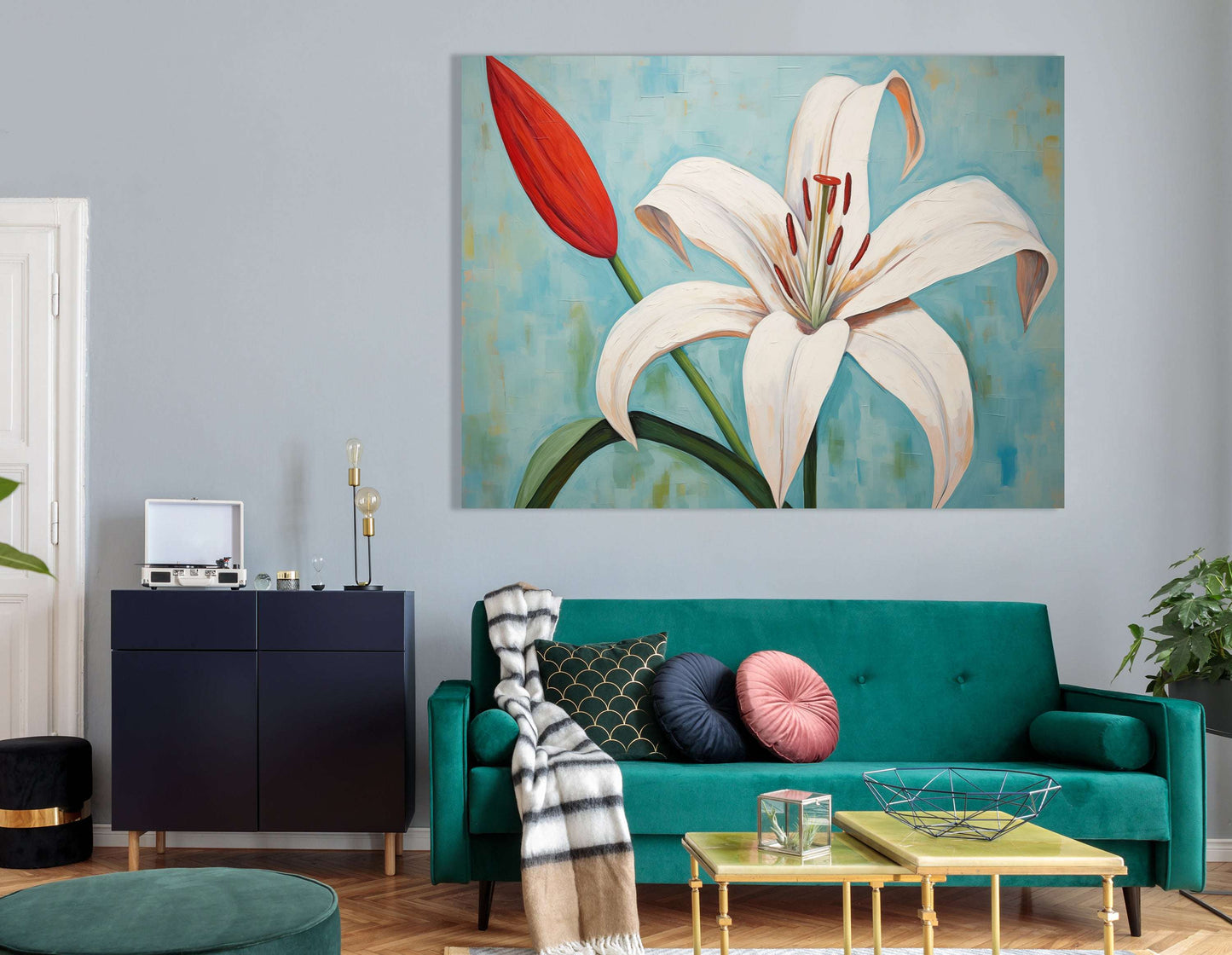 White Lily with Red Bud on Blue - Canvas Print - Artoholica Ready to Hang Canvas Print