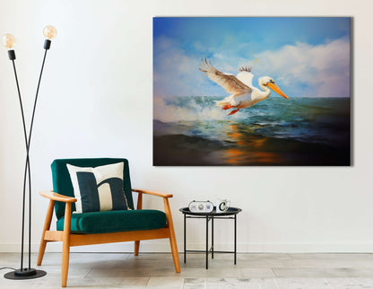 White Pelican Over Ocean Waves - Canvas Print - Artoholica Ready to Hang Canvas Print