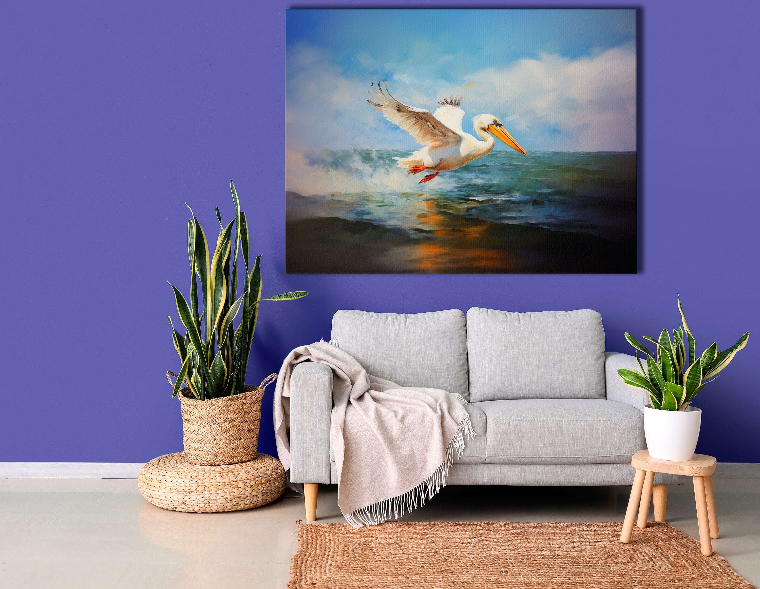 White Pelican Over Ocean Waves - Canvas Print - Artoholica Ready to Hang Canvas Print