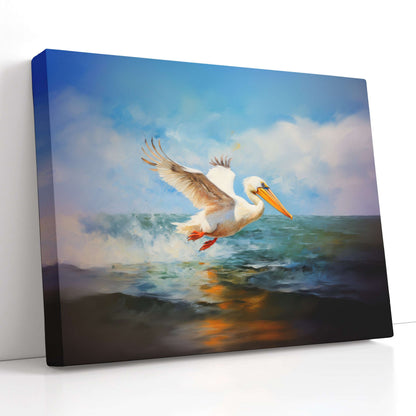 White Pelican Over Ocean Waves - Canvas Print - Artoholica Ready to Hang Canvas Print