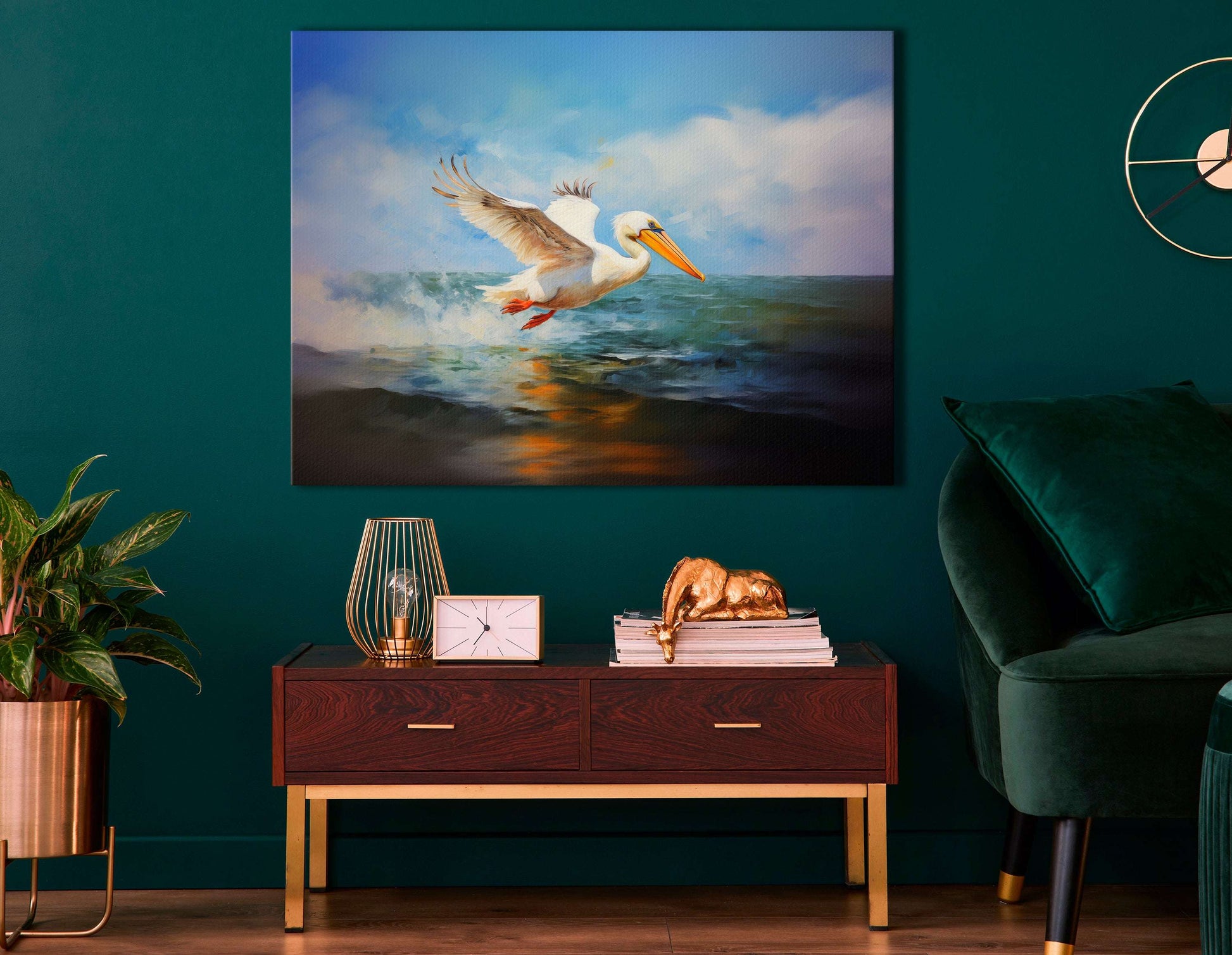 White Pelican Over Ocean Waves - Canvas Print - Artoholica Ready to Hang Canvas Print