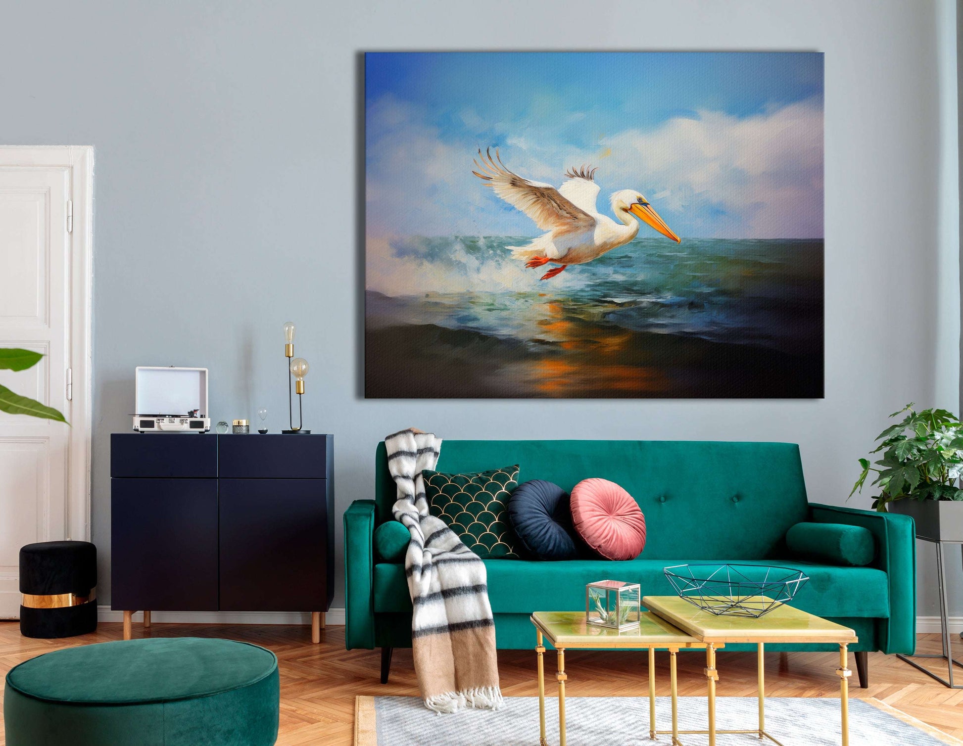 White Pelican Over Ocean Waves - Canvas Print - Artoholica Ready to Hang Canvas Print