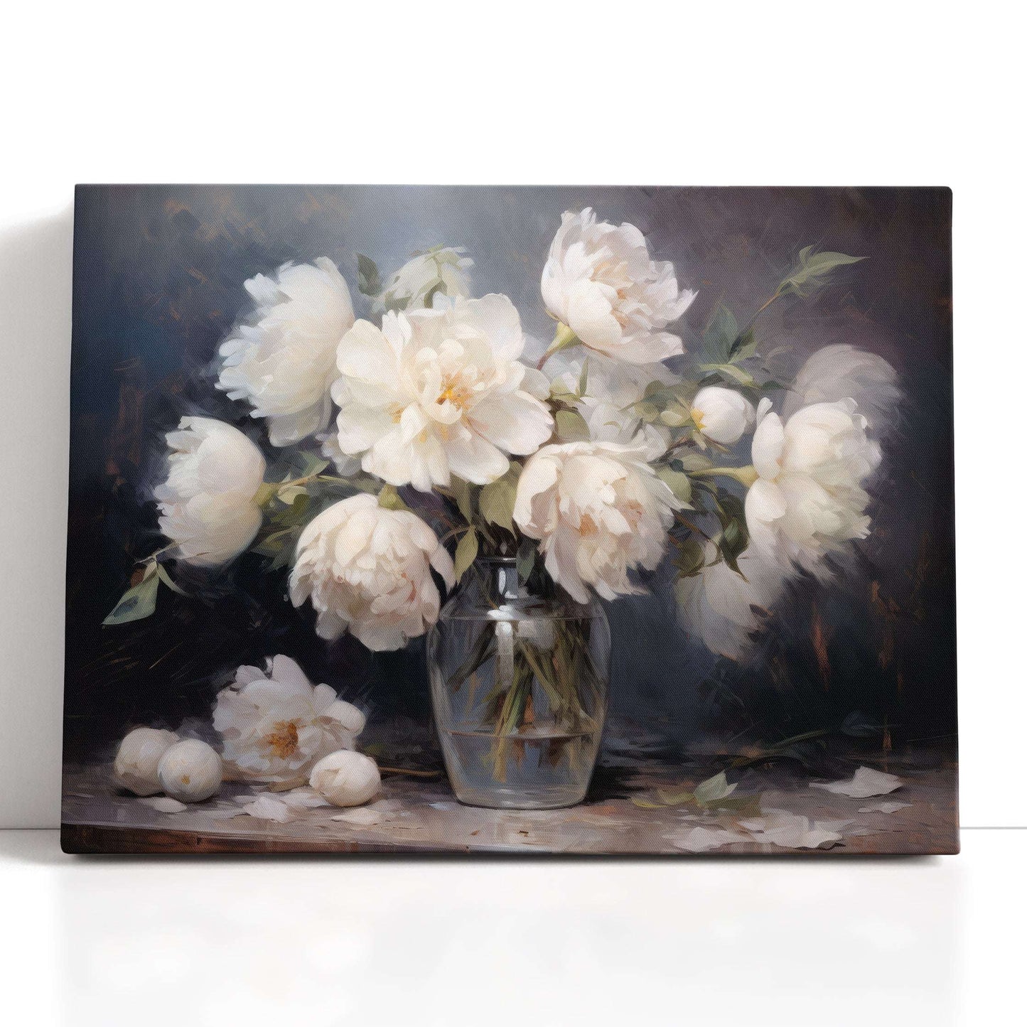 White Peonies in a Glass Vase - Canvas Print - Artoholica Ready to Hang Canvas Print