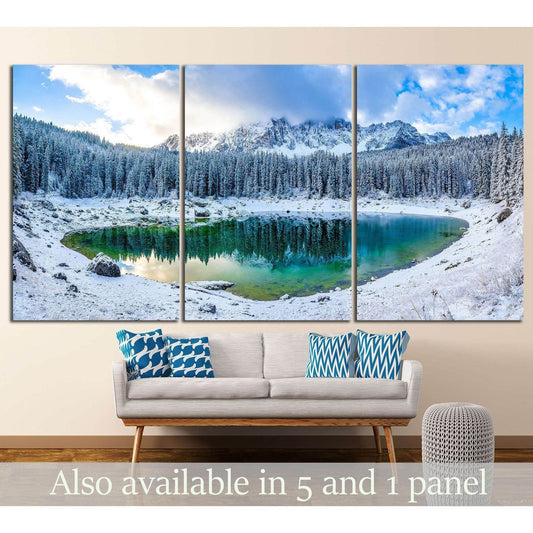 Snowy Mountain and Green Lake Multi-Panel Canvas for Modern DecorThis multi-panel canvas print presents a breathtaking snowy mountain landscape with a crystal-clear lake. The stark white snow contrasts with the vibrant green of the lake, bringing a touch