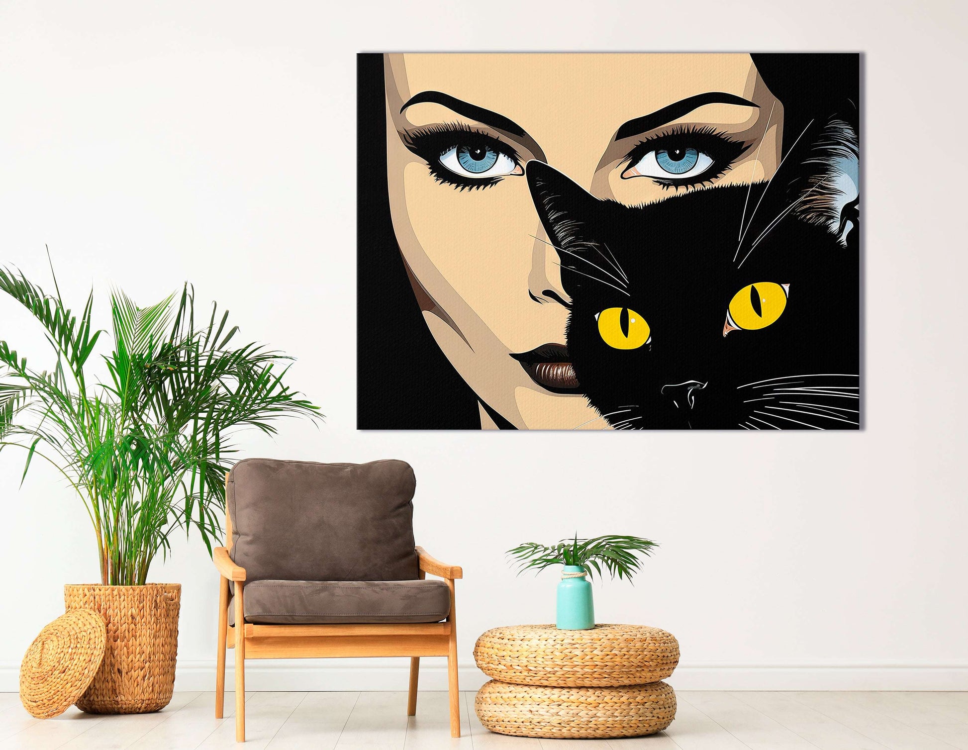 Woman and Black Cat Pop Art - Canvas Print - Artoholica Ready to Hang Canvas Print