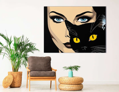 Woman and Black Cat Pop Art - Canvas Print - Artoholica Ready to Hang Canvas Print