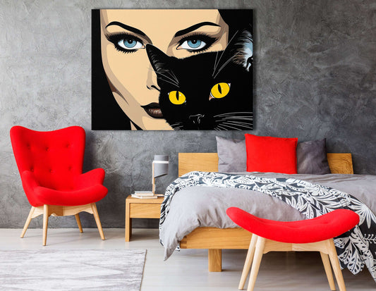 Woman and Black Cat Pop Art - Canvas Print - Artoholica Ready to Hang Canvas Print