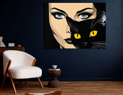 Woman and Black Cat Pop Art - Canvas Print - Artoholica Ready to Hang Canvas Print