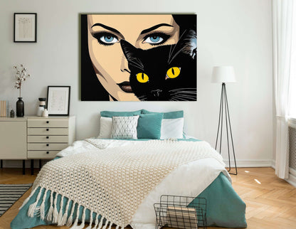 Woman and Black Cat Pop Art - Canvas Print - Artoholica Ready to Hang Canvas Print