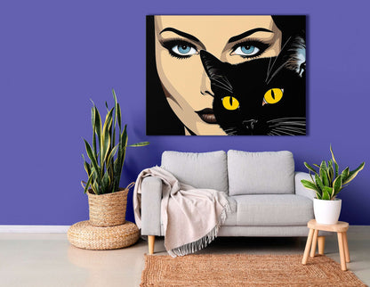 Woman and Black Cat Pop Art - Canvas Print - Artoholica Ready to Hang Canvas Print