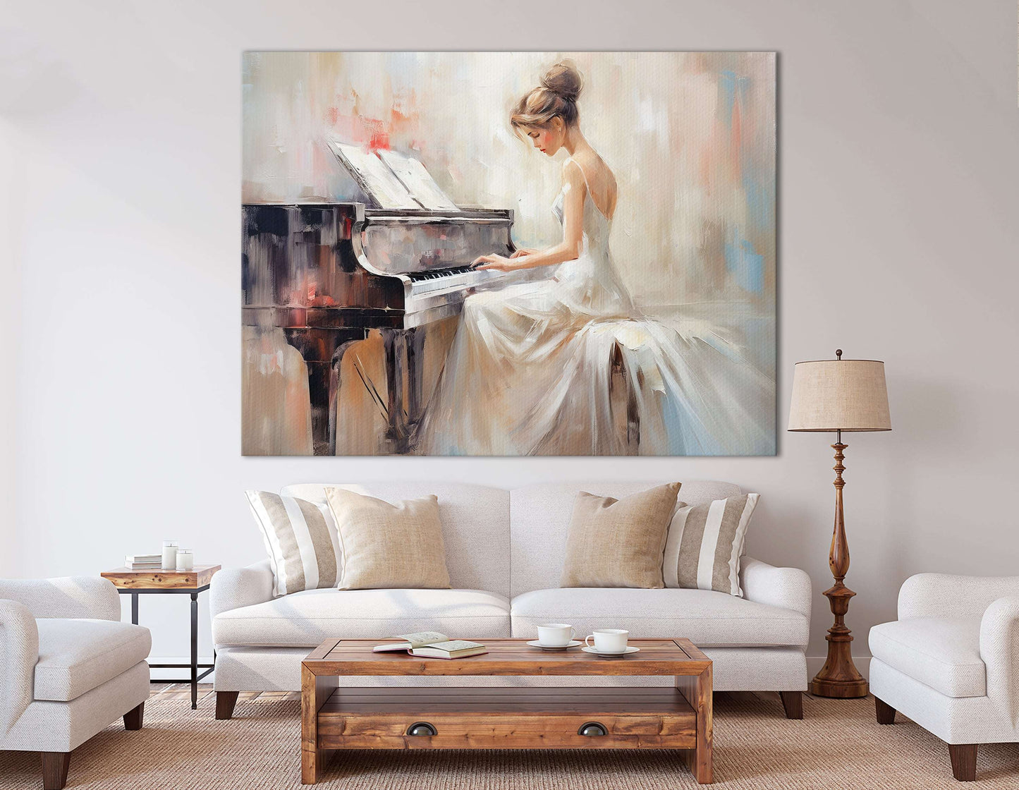 Woman in a White Dress Playing Piano - Canvas Print - Artoholica Ready to Hang Canvas Print