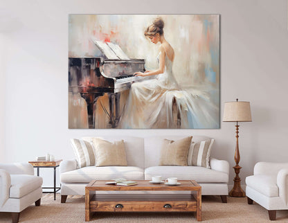 Woman in a White Dress Playing Piano - Canvas Print - Artoholica Ready to Hang Canvas Print