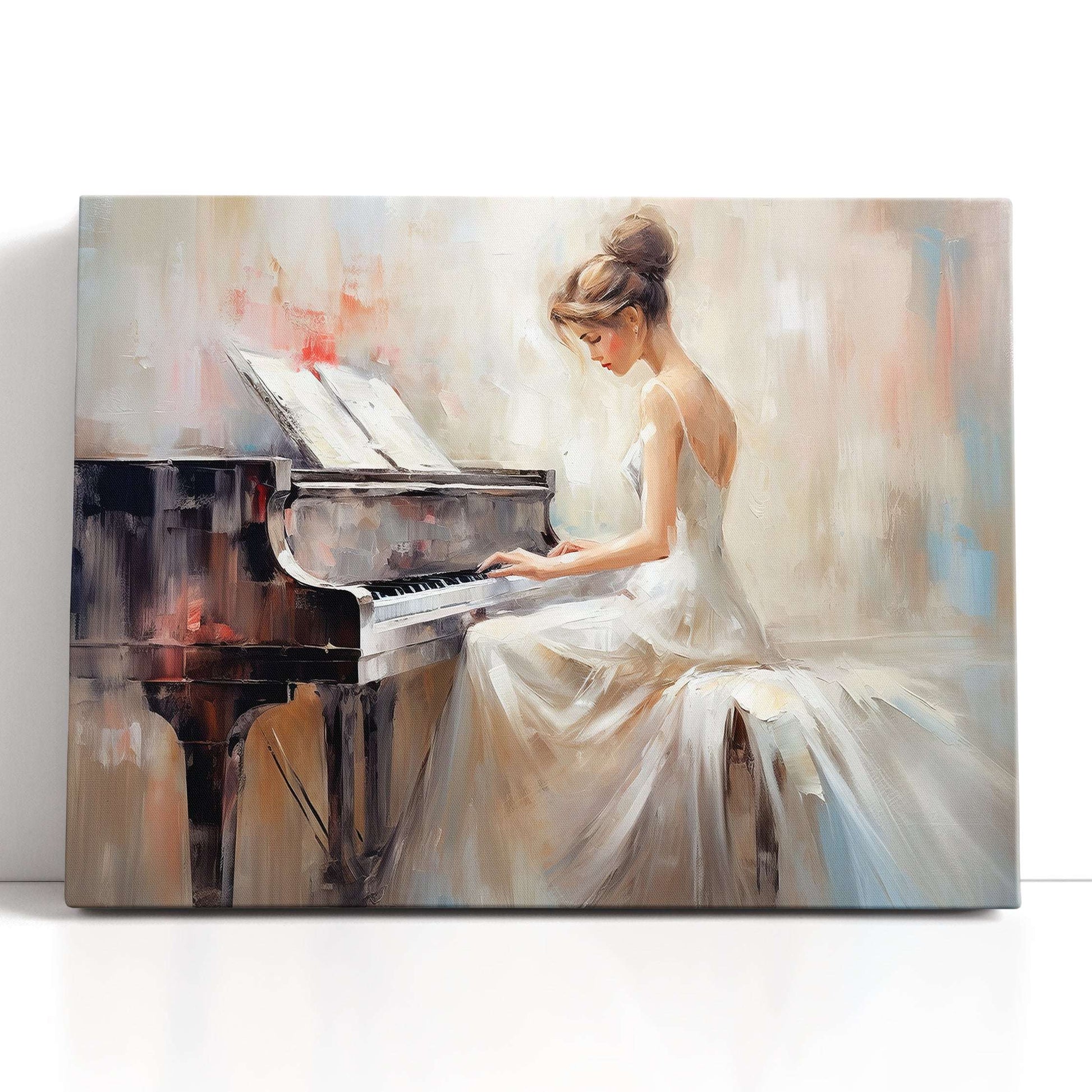 Woman in a White Dress Playing Piano - Canvas Print - Artoholica Ready to Hang Canvas Print