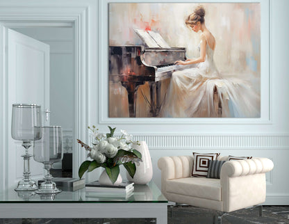 Woman in a White Dress Playing Piano - Canvas Print - Artoholica Ready to Hang Canvas Print