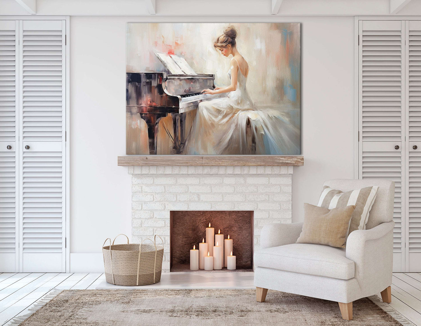 Woman in a White Dress Playing Piano - Canvas Print - Artoholica Ready to Hang Canvas Print