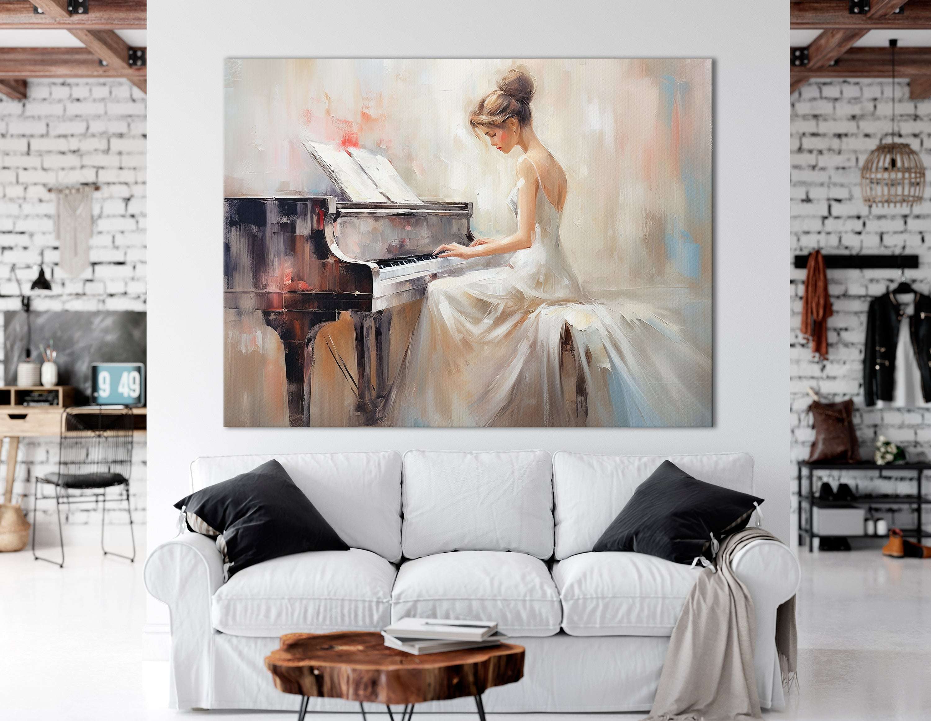 Woman in a White Dress Playing Piano - Canvas Print - Artoholica Ready to Hang Canvas Print