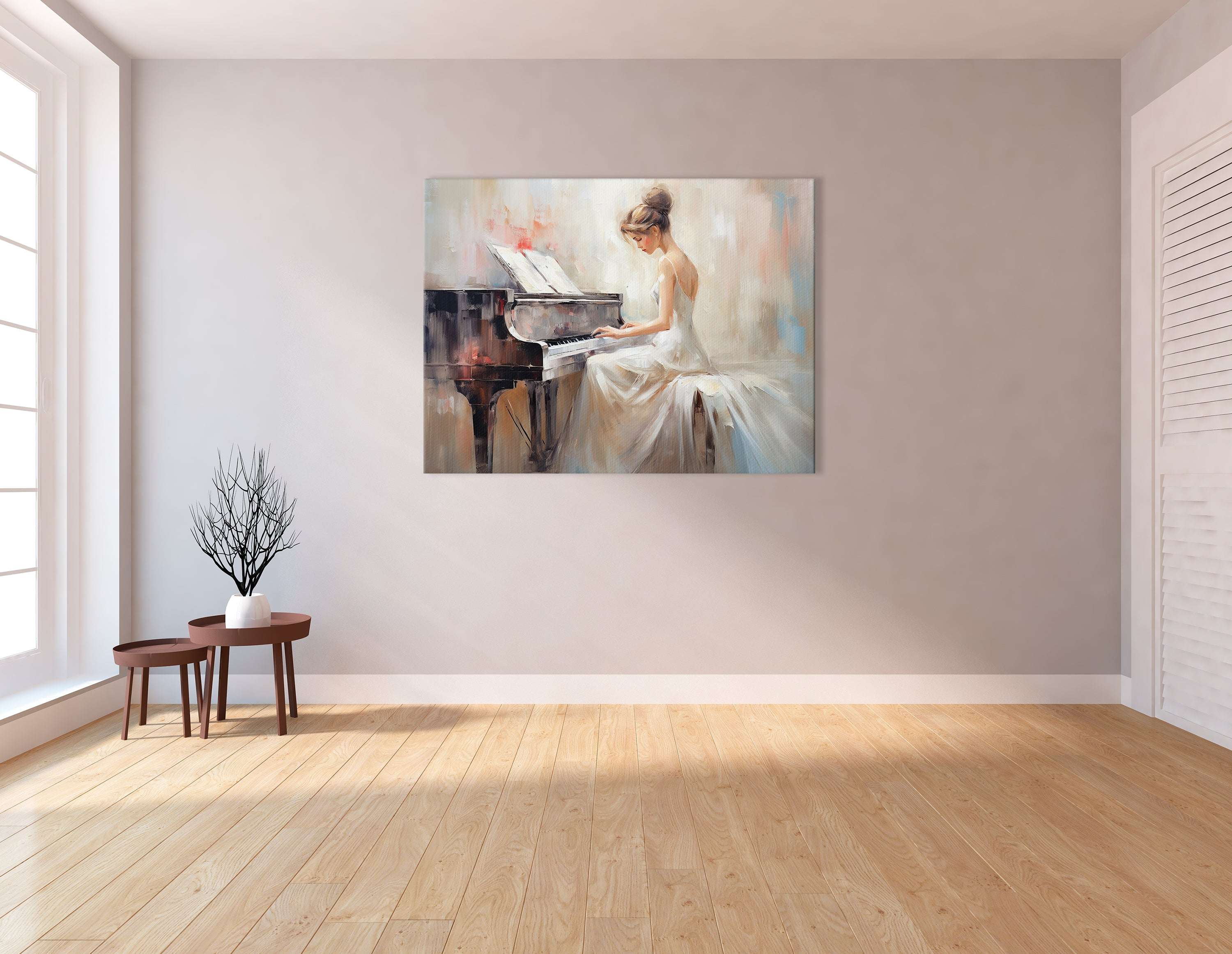 Woman in a White Dress Playing Piano - Canvas Print - Artoholica Ready to Hang Canvas Print