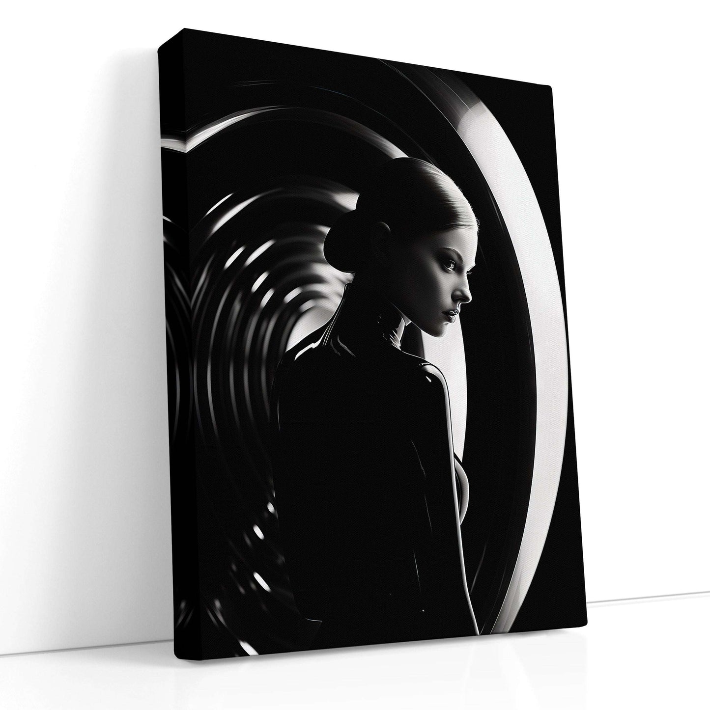 Woman in Black Attire Inside a Circular Mirror - Canvas Print - Artoholica Ready to Hang Canvas Print