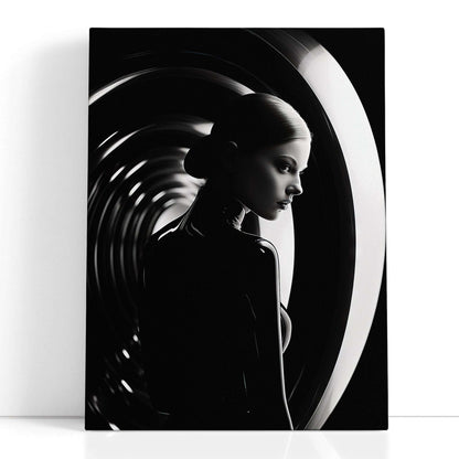 Woman in Black Attire Inside a Circular Mirror - Canvas Print - Artoholica Ready to Hang Canvas Print