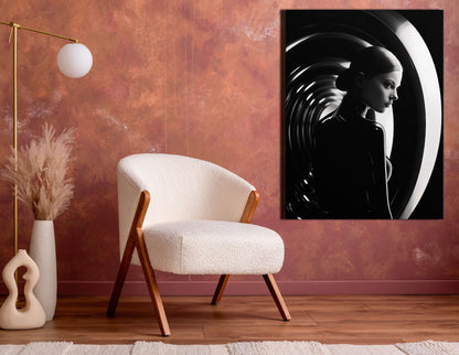 Woman in Black Attire Inside a Circular Mirror - Canvas Print - Artoholica Ready to Hang Canvas Print