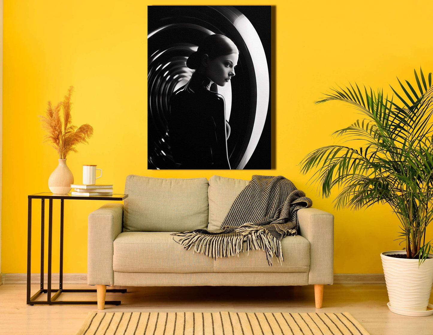 Woman in Black Attire Inside a Circular Mirror - Canvas Print - Artoholica Ready to Hang Canvas Print