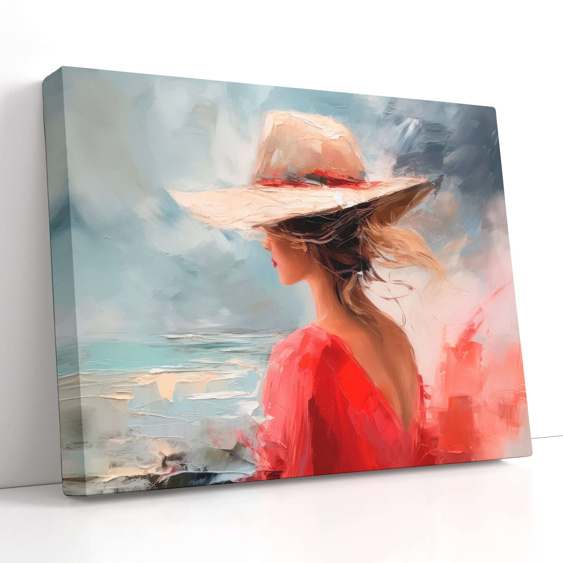 Woman in Red Hat with Sea View - Canvas Print - Artoholica Ready to Hang Canvas Print