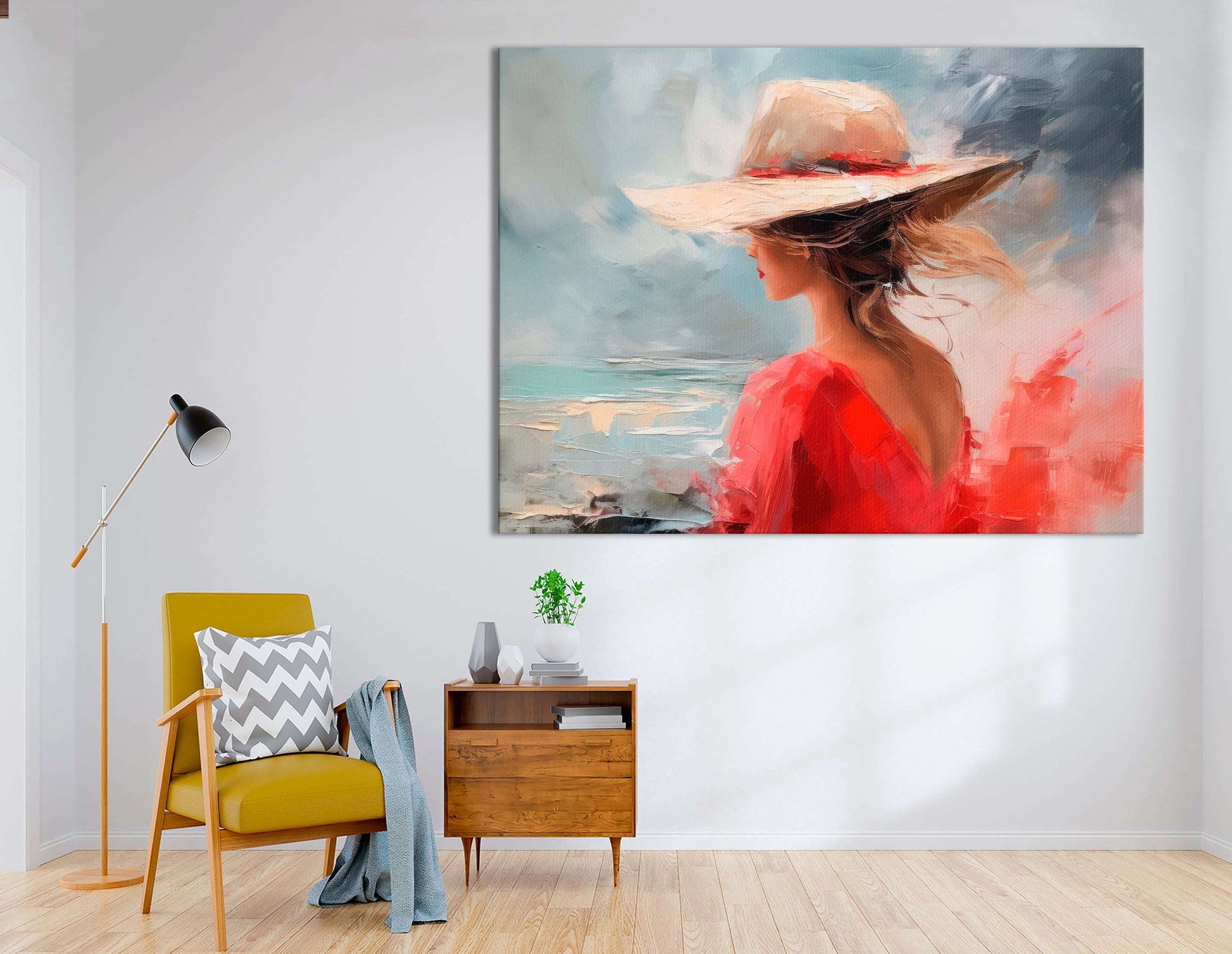 Woman in Red Hat with Sea View - Canvas Print - Artoholica Ready to Hang Canvas Print