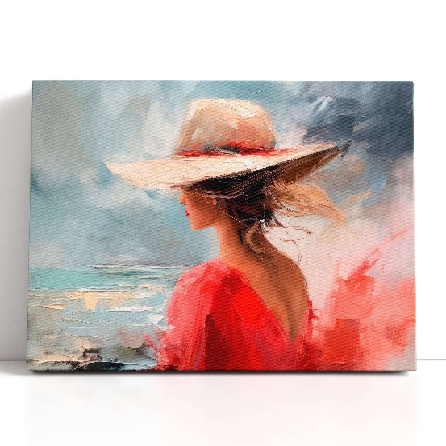 Woman in Red Hat with Sea View - Canvas Print - Artoholica Ready to Hang Canvas Print