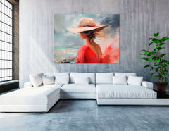Woman in Red Hat with Sea View - Canvas Print - Artoholica Ready to Hang Canvas Print