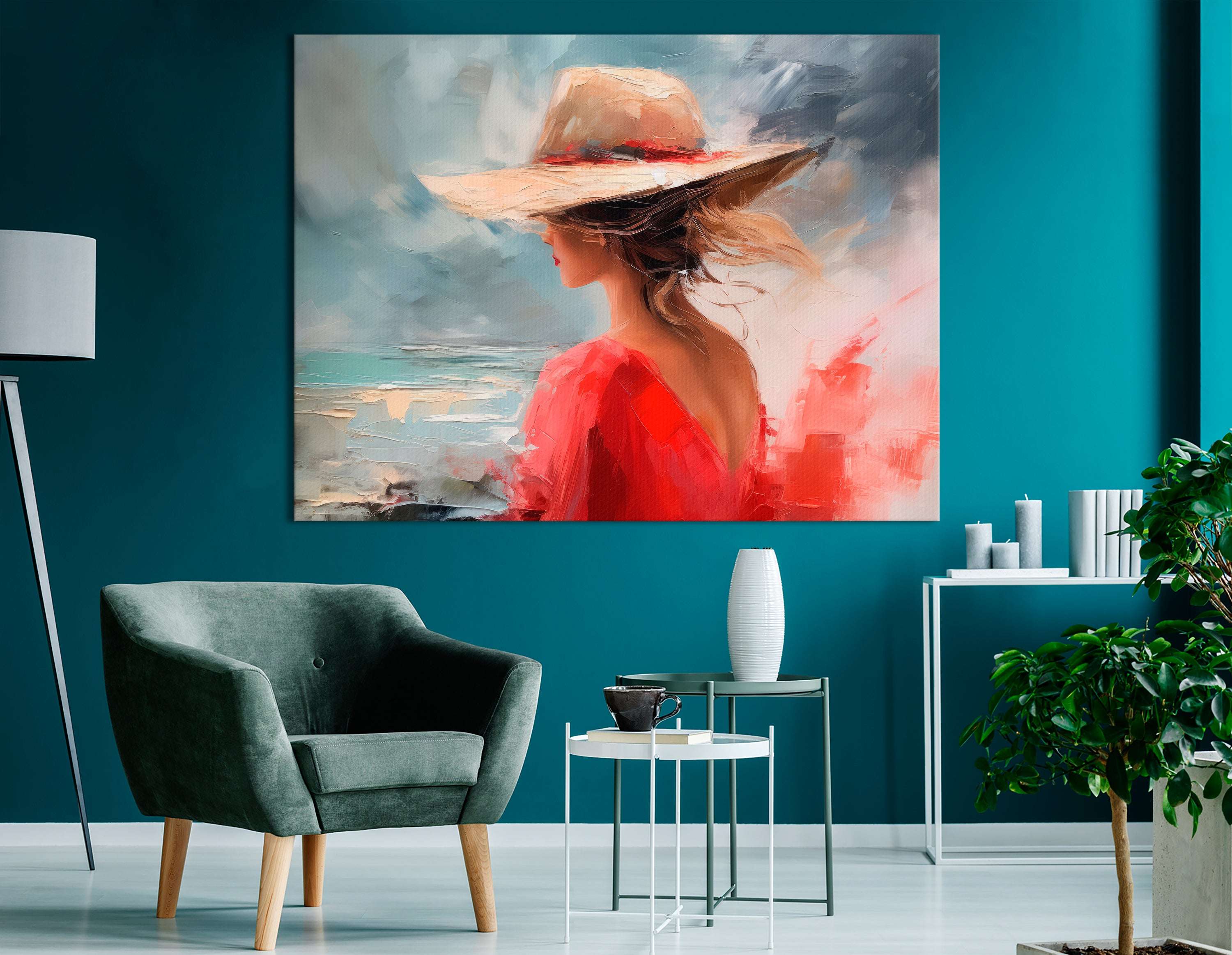 Woman in Red Hat with Sea View - Canvas Print - Artoholica Ready to Hang Canvas Print