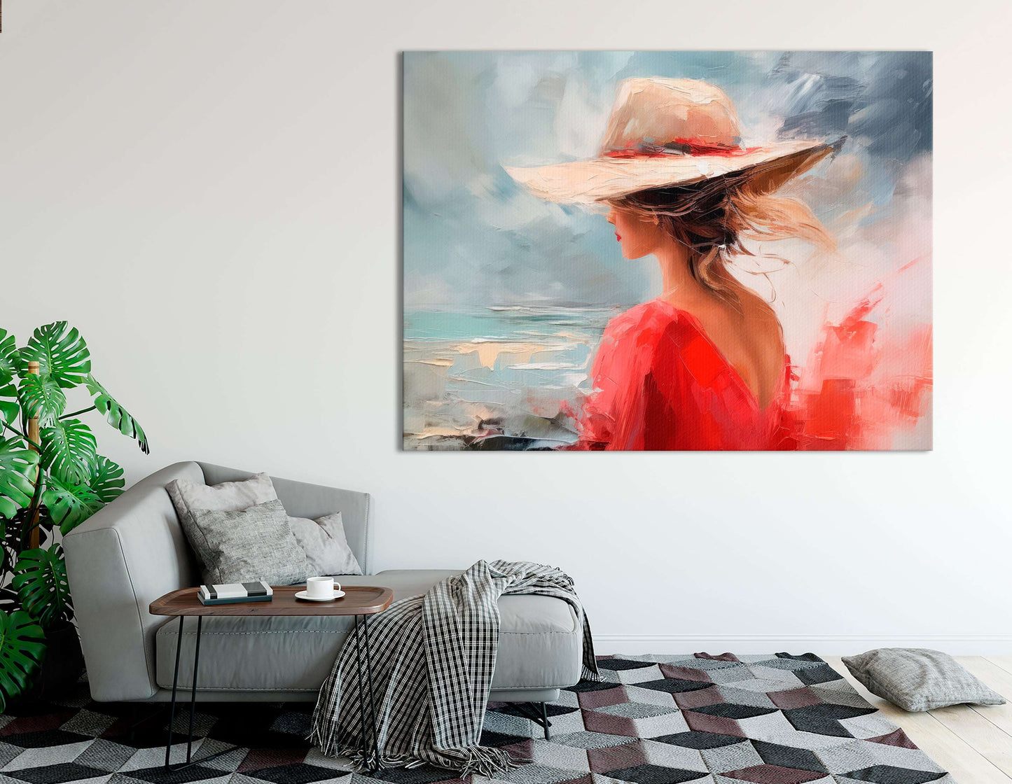 Woman in Red Hat with Sea View - Canvas Print - Artoholica Ready to Hang Canvas Print