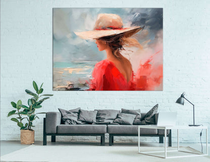 Woman in Red Hat with Sea View - Canvas Print - Artoholica Ready to Hang Canvas Print