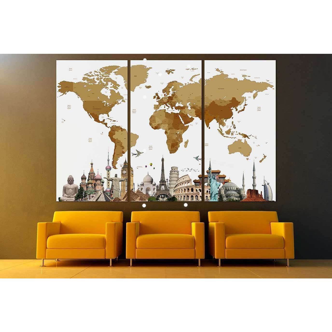 World Map with landmarks Canvas PrintWorld Map Canvas Print on thick natural cotton canvas, stretched on pinewood framework 1,5" Deep. Zellart Canvas Prints