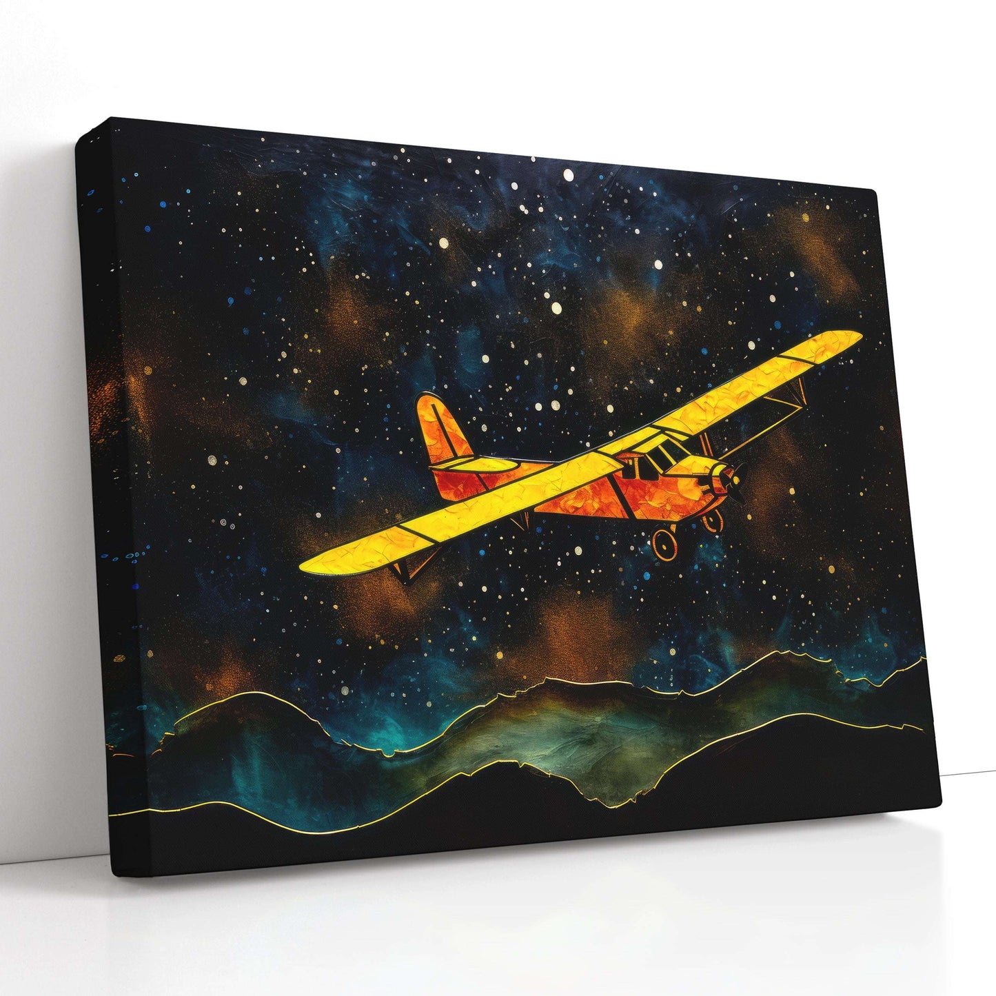 Yellow Airplane's Journey Over a Hill and Stars - Canvas Print - Artoholica Ready to Hang Canvas Print