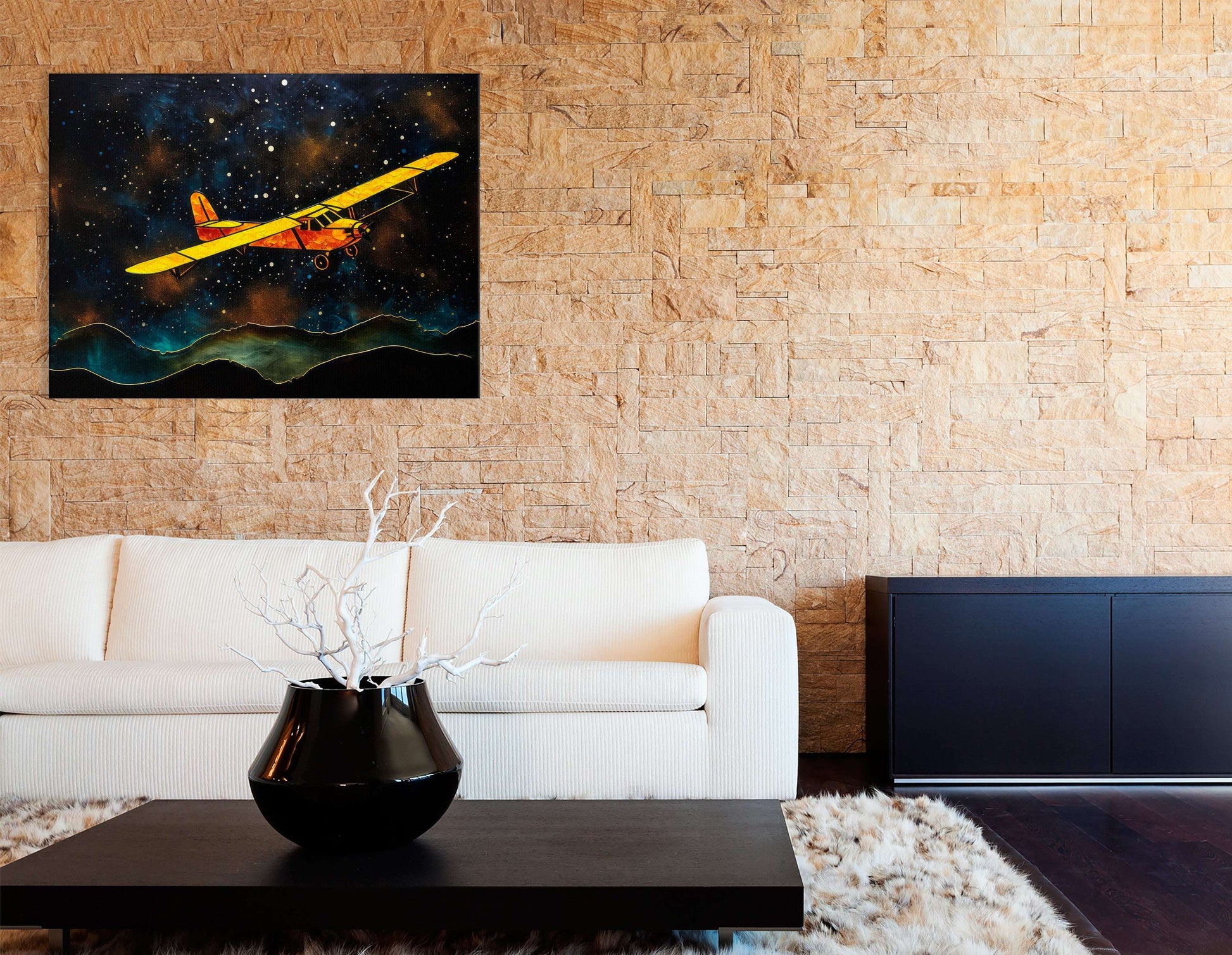 Yellow Airplane's Journey Over a Hill and Stars - Canvas Print - Artoholica Ready to Hang Canvas Print