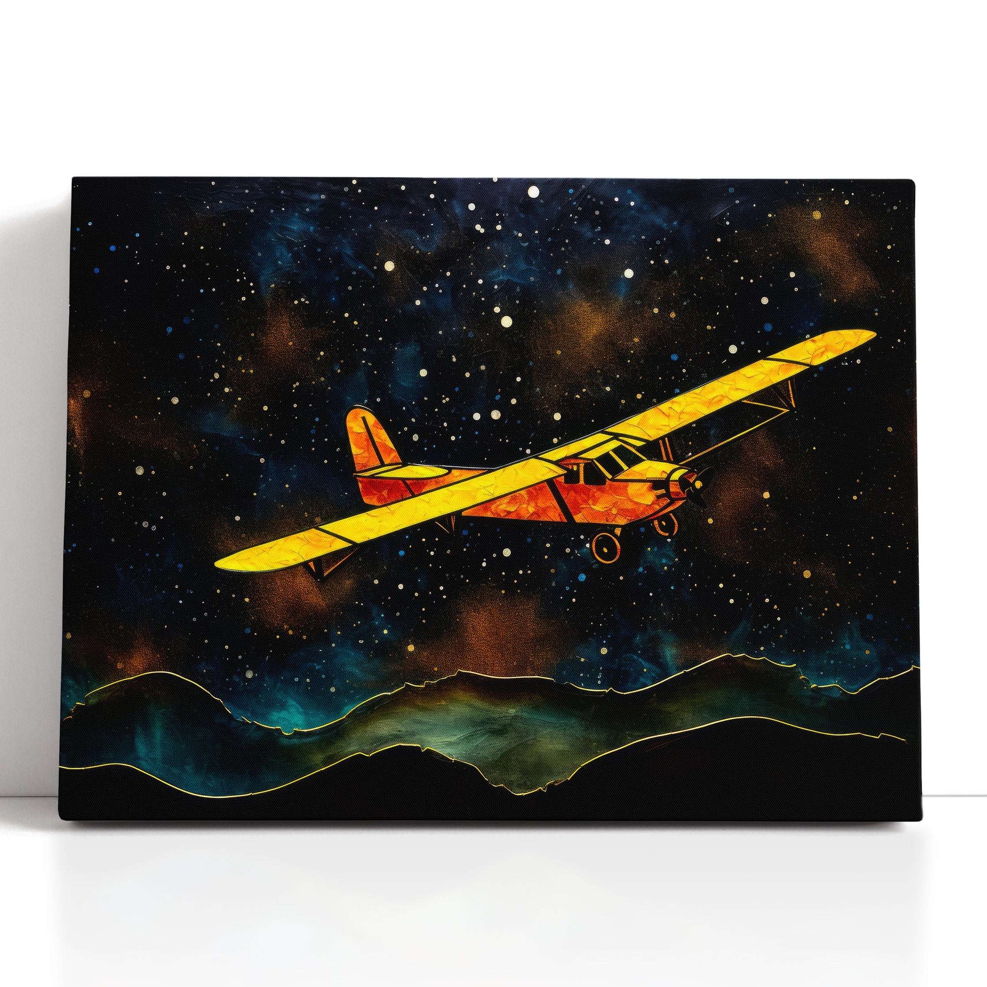 Yellow Airplane's Journey Over a Hill and Stars - Canvas Print - Artoholica Ready to Hang Canvas Print