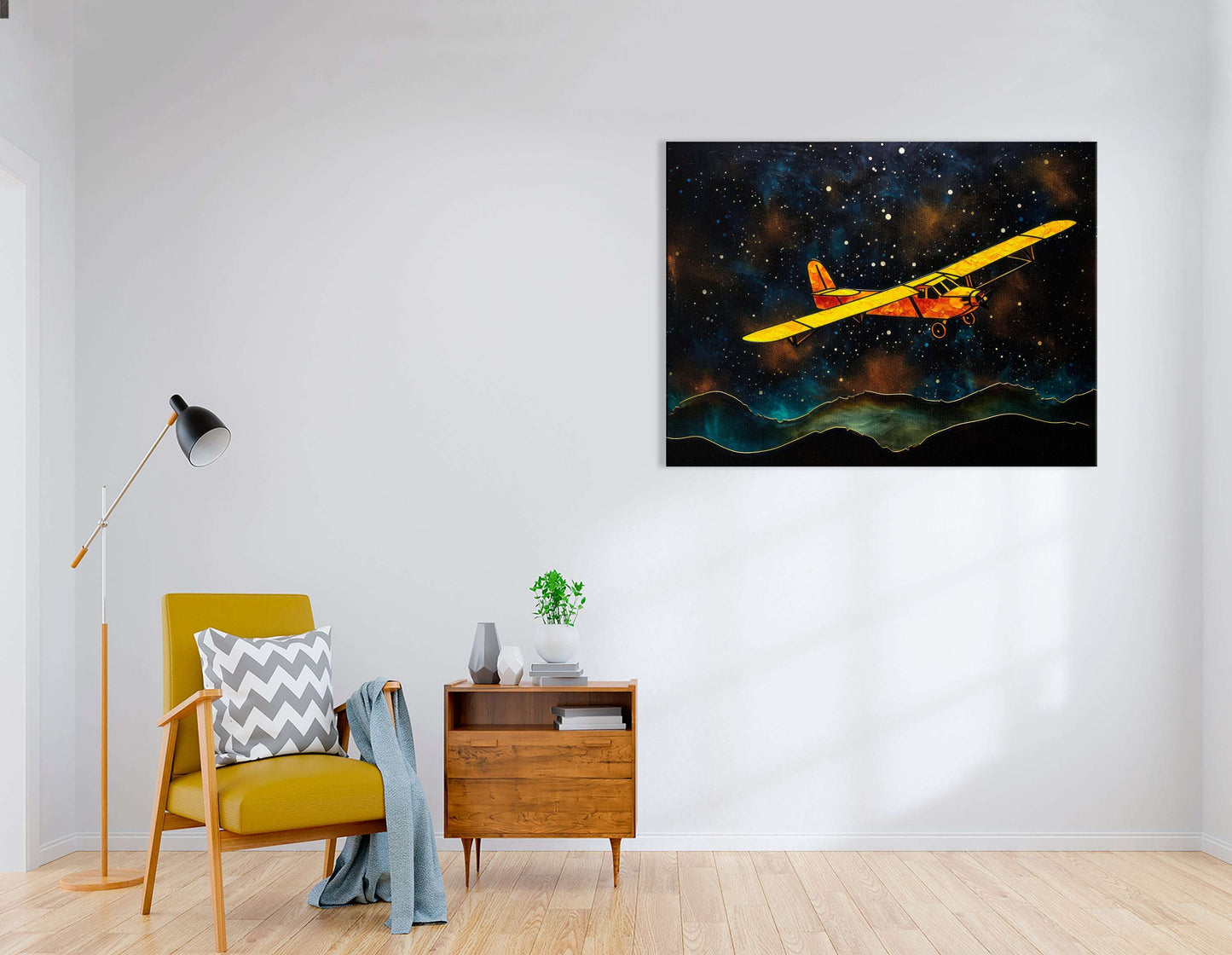 Yellow Airplane's Journey Over a Hill and Stars - Canvas Print - Artoholica Ready to Hang Canvas Print