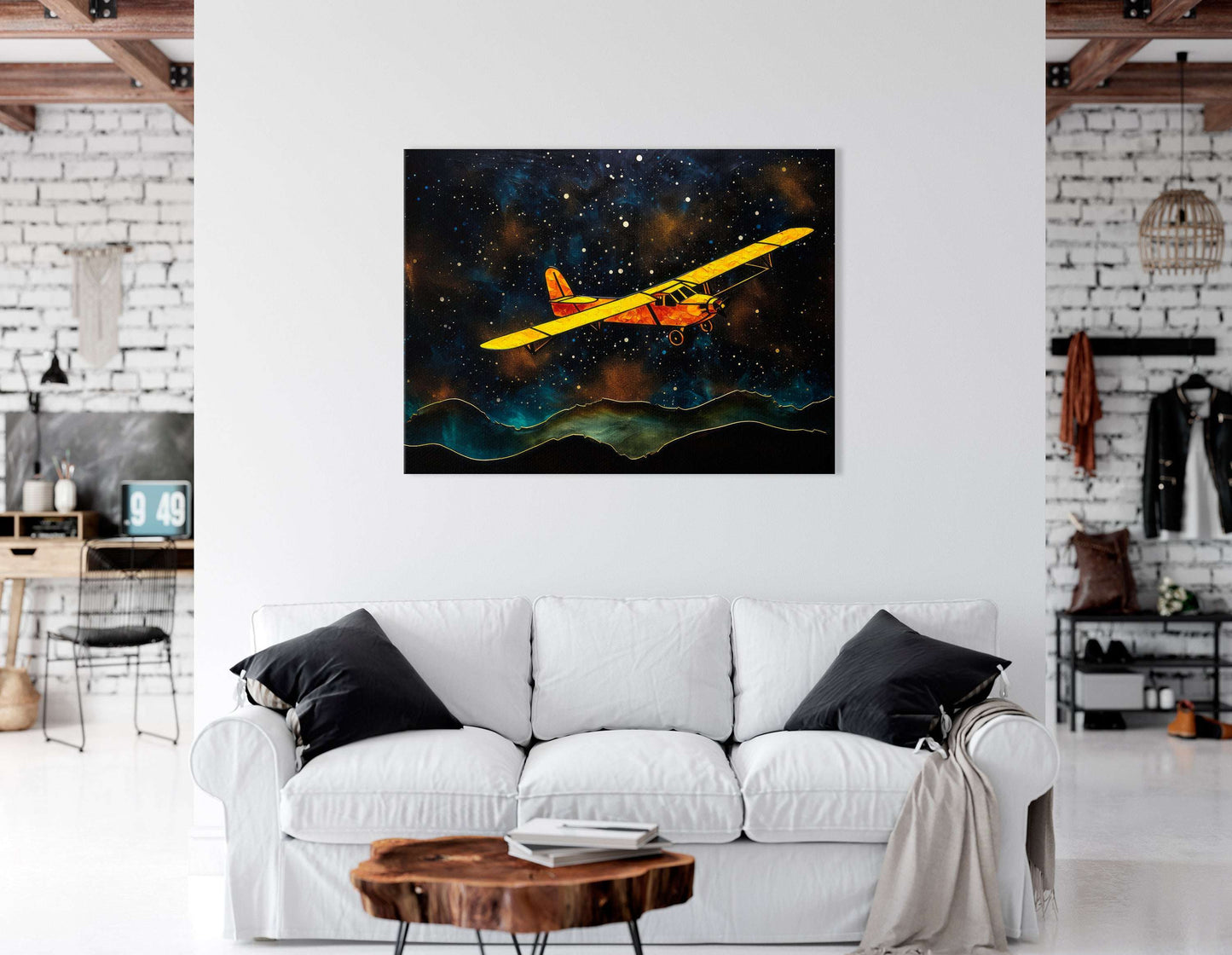 Yellow Airplane's Journey Over a Hill and Stars - Canvas Print - Artoholica Ready to Hang Canvas Print