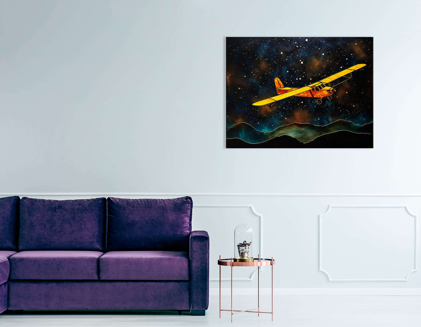 Yellow Airplane's Journey Over a Hill and Stars - Canvas Print - Artoholica Ready to Hang Canvas Print