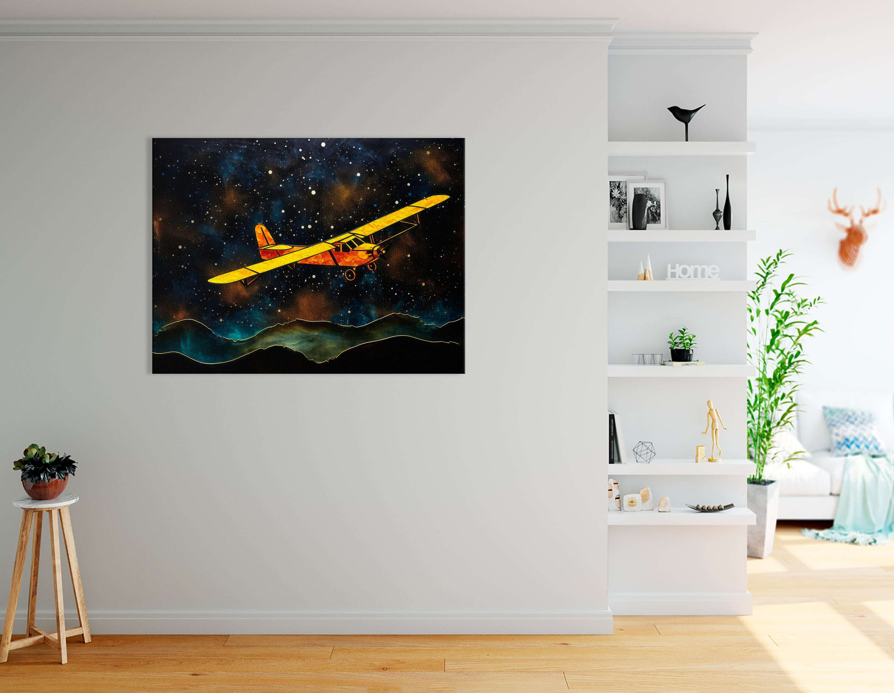 Yellow Airplane's Journey Over a Hill and Stars - Canvas Print - Artoholica Ready to Hang Canvas Print
