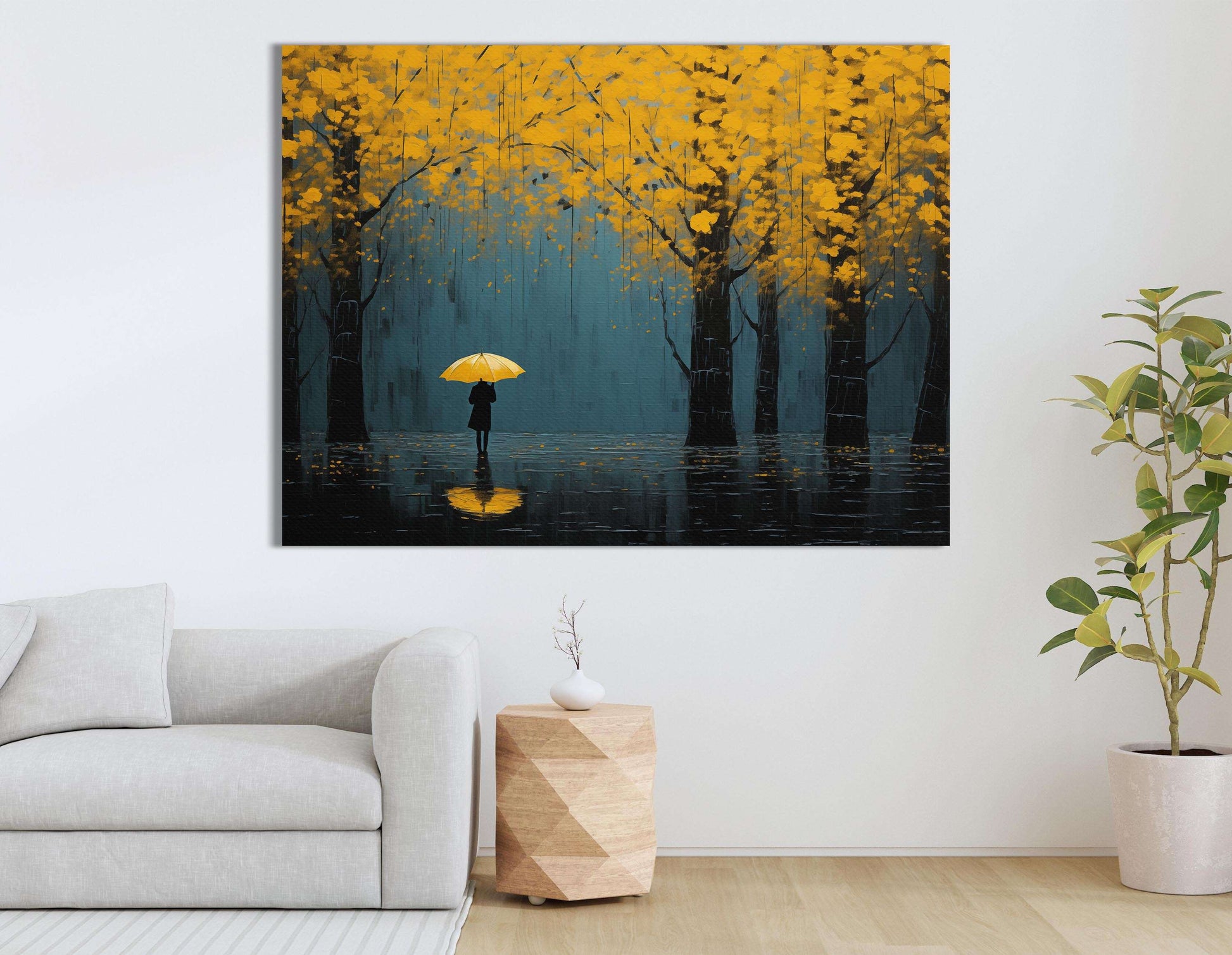 Yellow Umbrella in Rain - Canvas Print - Artoholica Ready to Hang Canvas Print