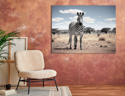 Zebra in the Savannah Under a Cloudy Sky - Canvas Print - Artoholica Ready to Hang Canvas Print