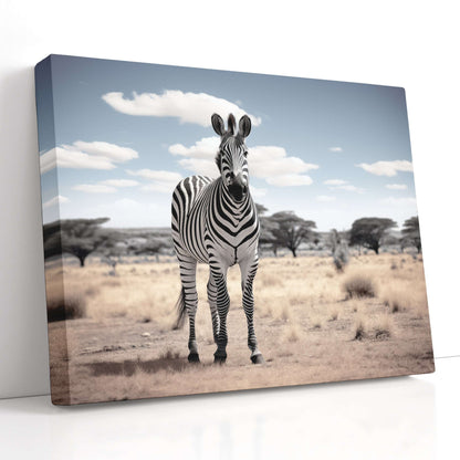 Zebra in the Savannah Under a Cloudy Sky - Canvas Print - Artoholica Ready to Hang Canvas Print