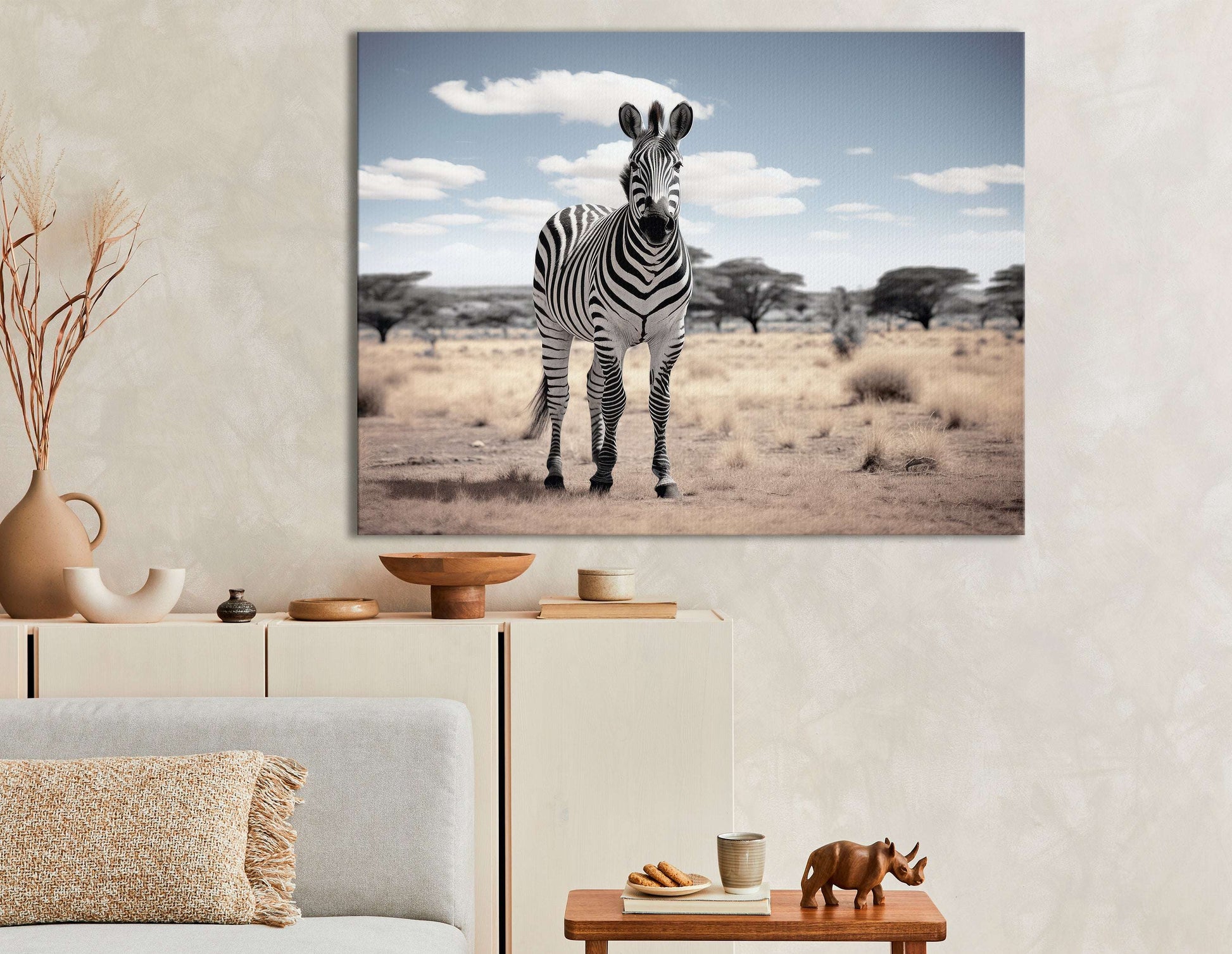 Zebra in the Savannah Under a Cloudy Sky - Canvas Print - Artoholica Ready to Hang Canvas Print